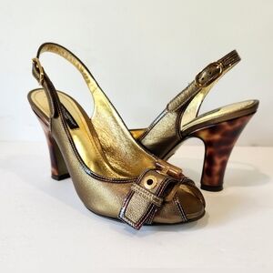 DOLCE & GABBANA Metallic Peep Toe Tortoise Heel Slingback Sandals 36.5 6.5